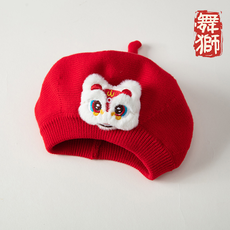 婴幼儿秋冬针织红色国潮风贝雷帽宝宝儿童帽保暖帽子婴儿帽冬季