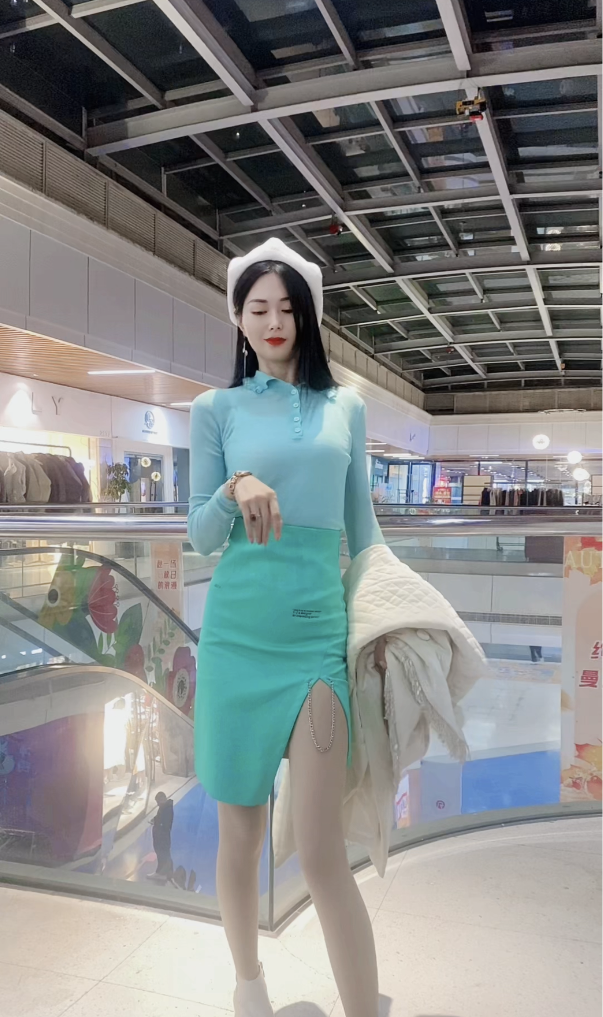 侧边抽皱开叉半裙不规则设计辣妹风中长款裙子显瘦气质长袖网红