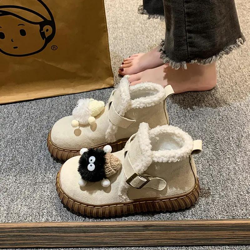 可爱毛球厚底毛毛雪地靴女秋冬季新款加绒加厚羊羔毛棉鞋短靴