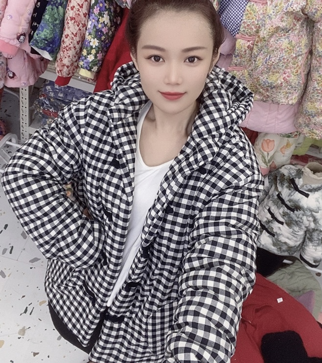 女士格子连帽棉花棉袄