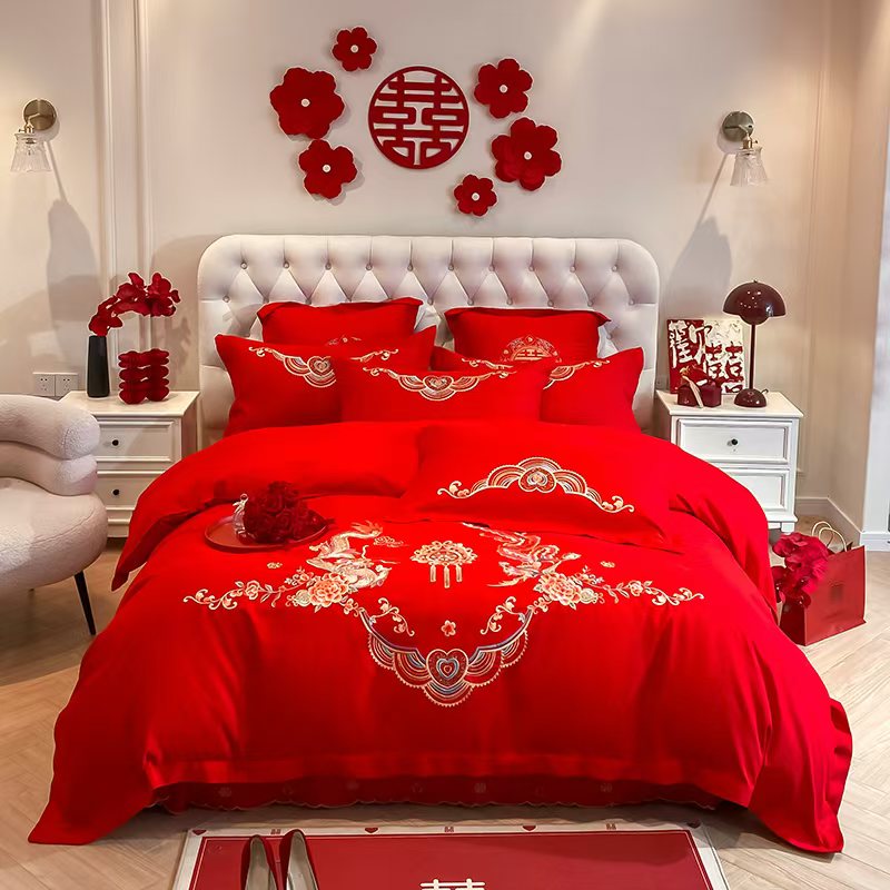 婚庆四件套大红色刺绣结婚床上用品套件新婚婚房喜被床单被套