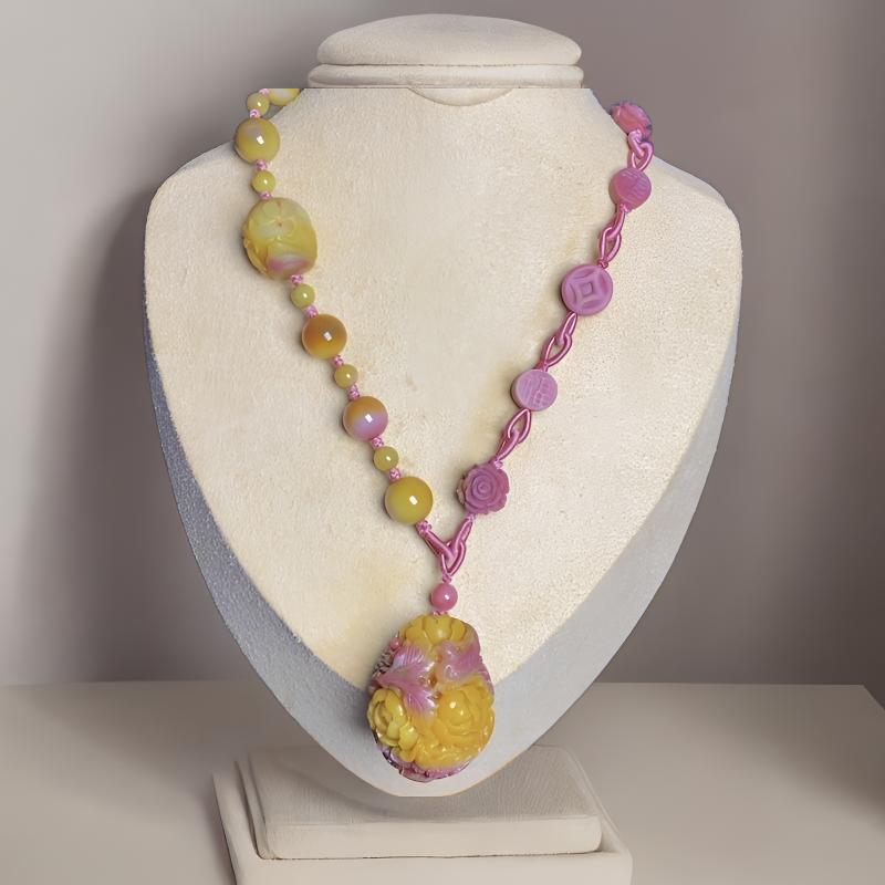 天然珠宝盐源玛瑙雕刻黄色牡丹花蝶恋花吊坠挂件项链毛衣链手把女