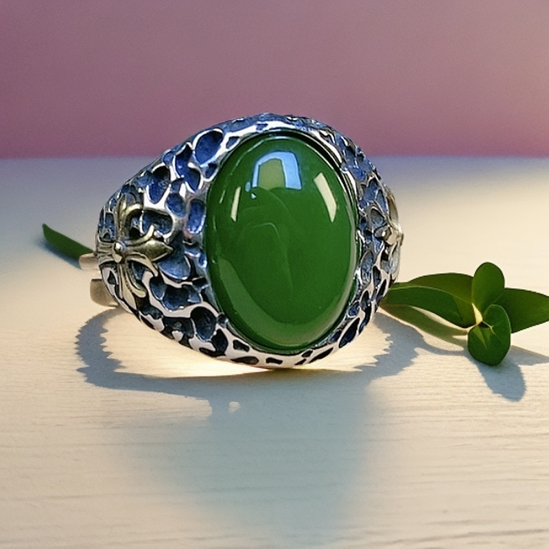 S925银天然和田玉碧玉复古克罗心戒指