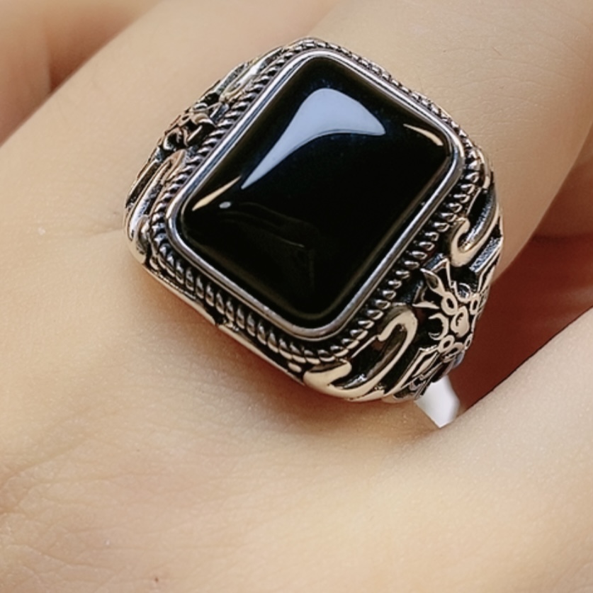 天然的黑金刚黑玛瑙重工S925银复古风(男女通戴)hmf