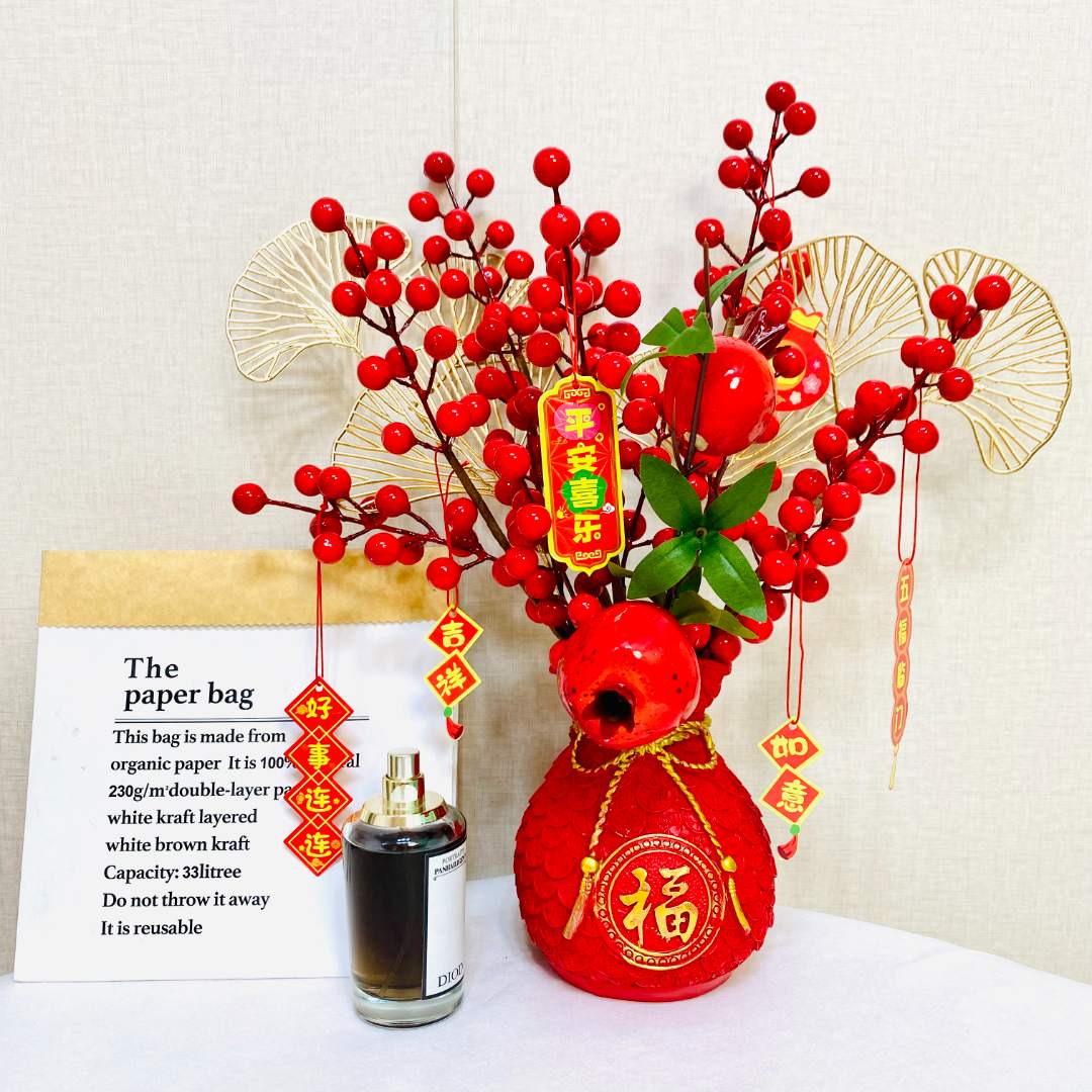 发财果新年装饰结婚乔迁客厅福袋摆件仿真花装饰红果插花干花摆件