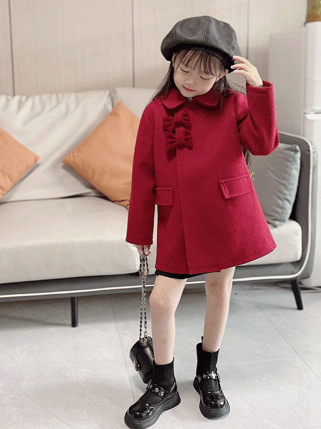 女童呢子外套秋冬款2023新款洋气女宝宝红色加厚呢大衣新年装