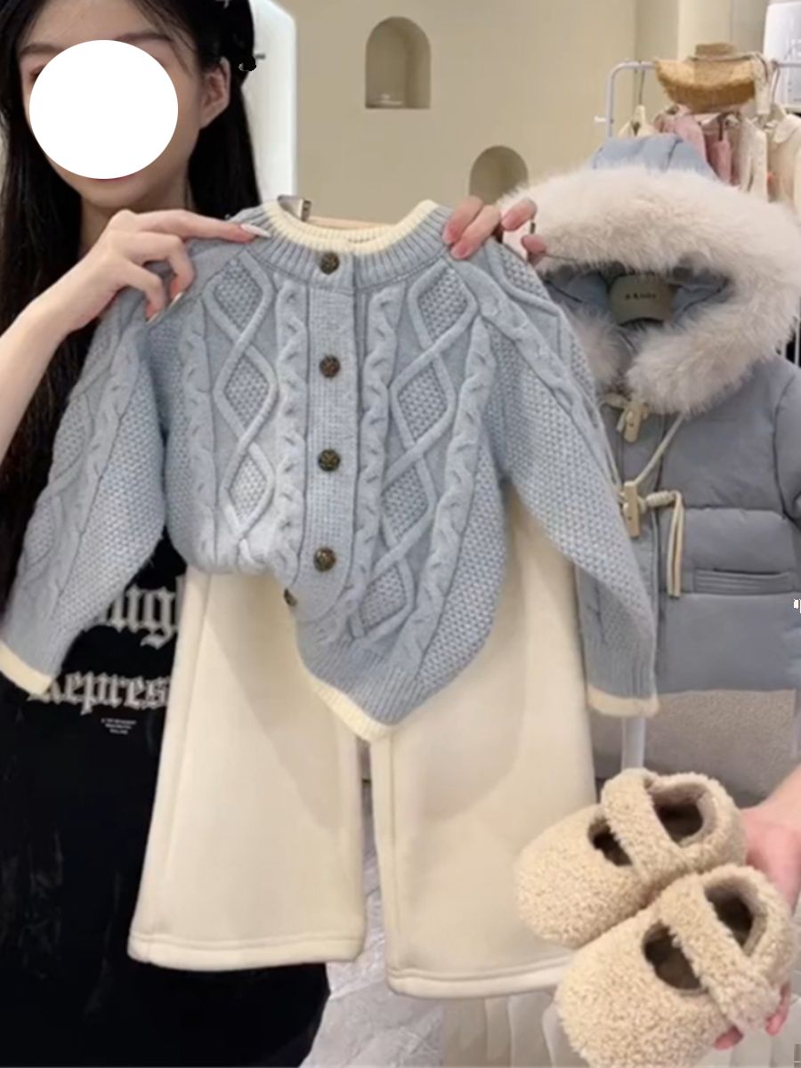 儿童纯色针织衫外套秋冬季韩版童装女童洋气麻花毛衣宝宝百搭开衫