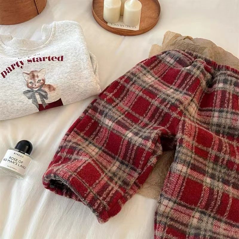 【冬季大促】2023冬新款男童裤子格子加绒休闲裤女童洋气红色毛呢