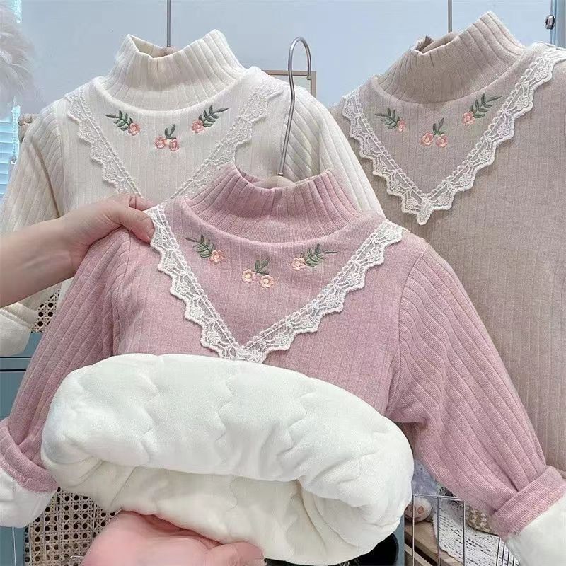 2023春冬款保暖衣女童儿童三层夹棉加厚打底衫女童高领蚕丝棉上衣