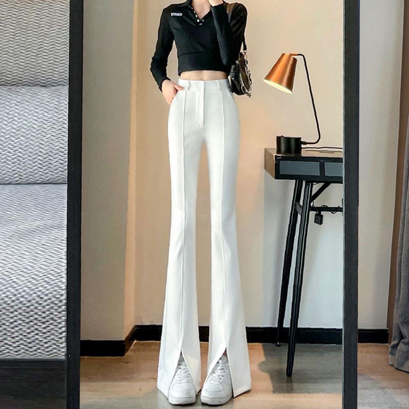 纯白色开叉微喇叭阔腿裤女2023春季新款高腰显瘦宽松西装拖地长裤