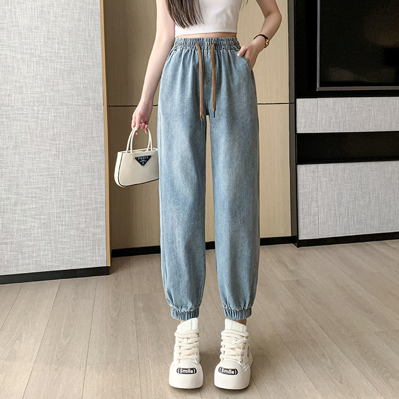 束脚牛仔裤少女春夏装2024新款初中高中学生松紧腰宽松休闲长裤子
