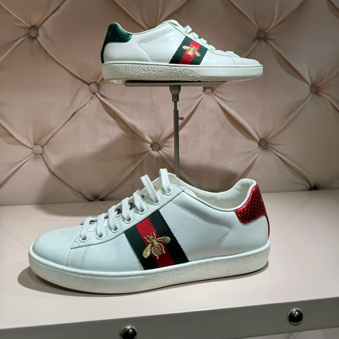 全新未使用 GUCCI/古驰 刺绣小蜜蜂板鞋/ACE男女同款条纹小白鞋/