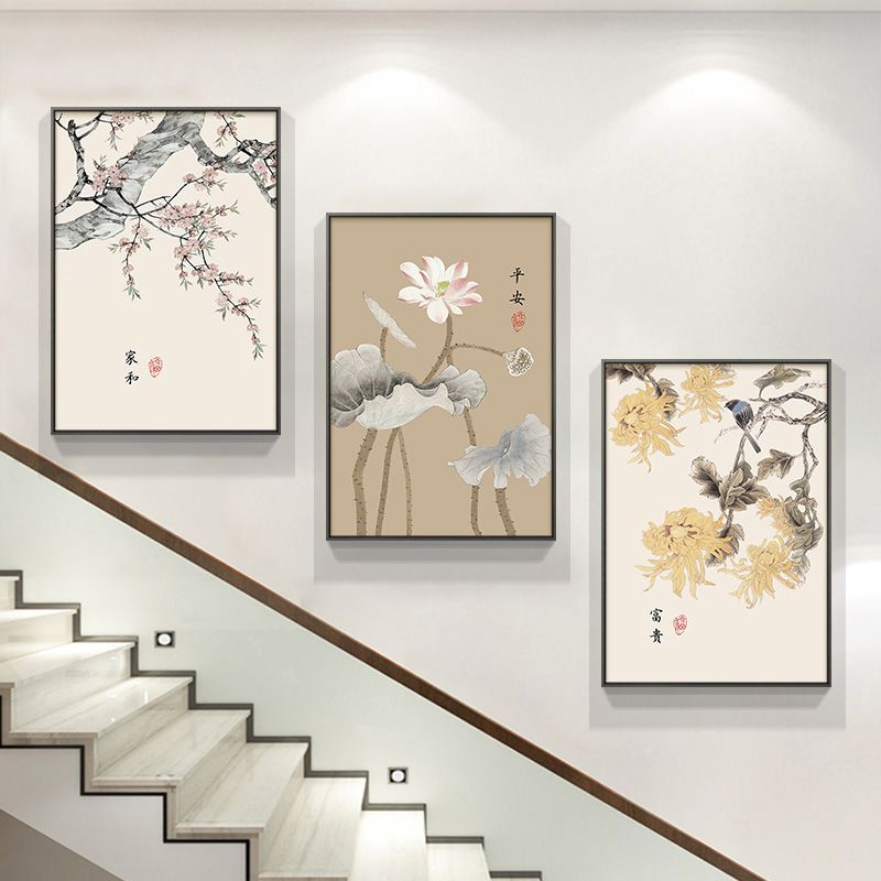 楼梯楼道楼梯间装饰画新中式花鸟荷花复式楼壁画三联客厅过道挂画
