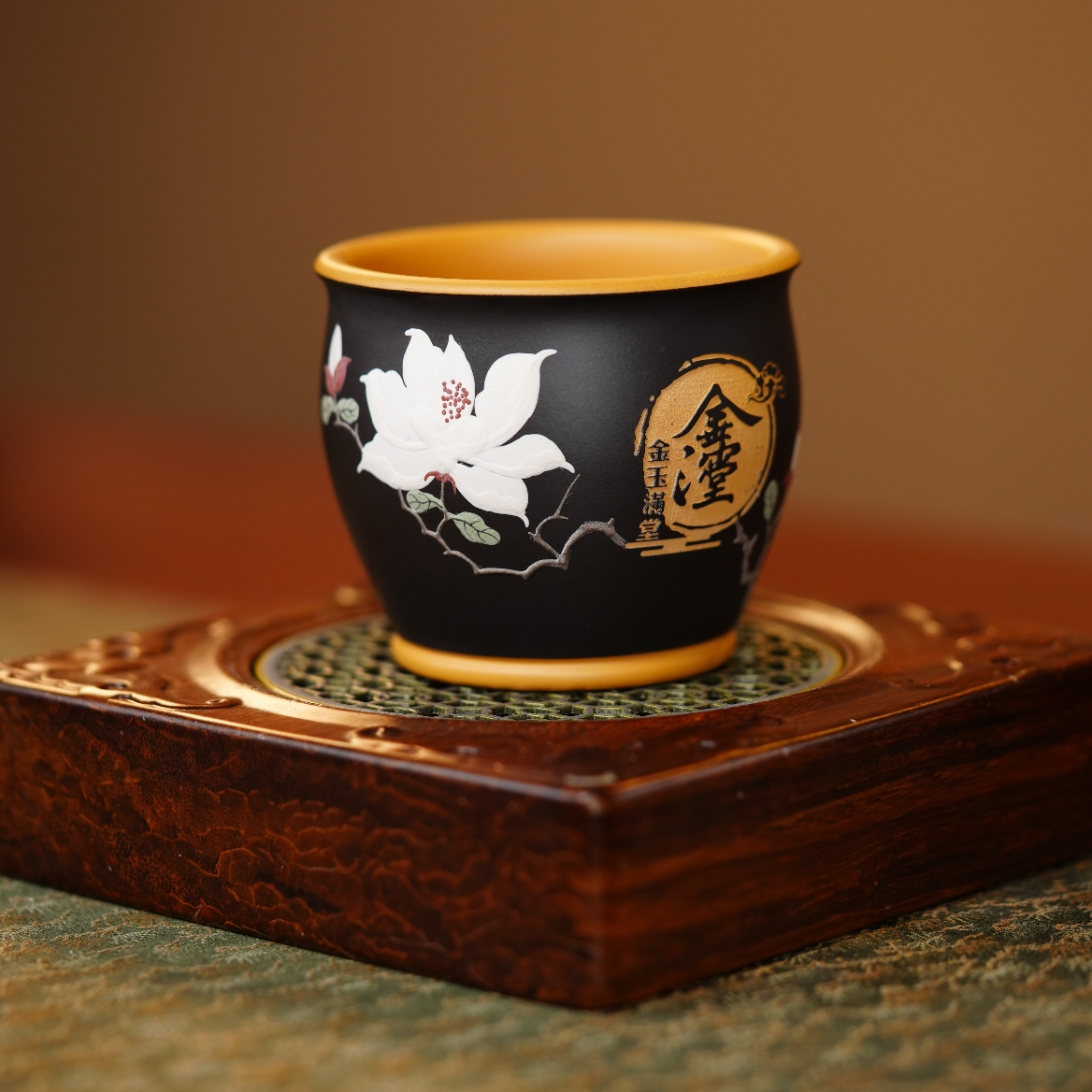 【6020金玉满堂】宜兴原矿紫砂双色粉浆堆绘金玉满堂大容量主人杯