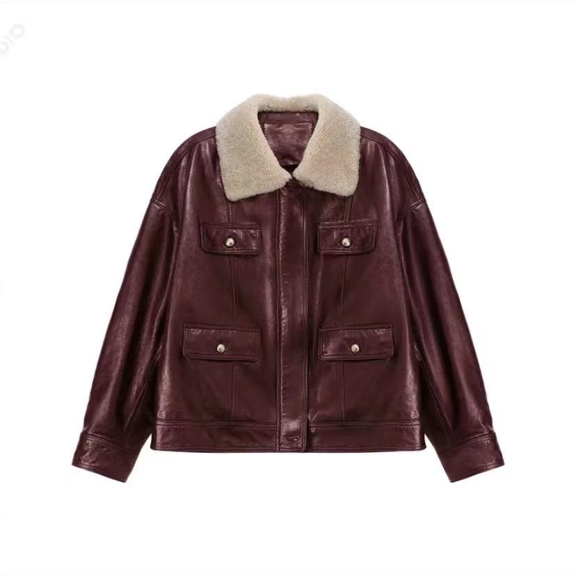 酷感时髦帅气羊毛领牛皮复古飞行夹克女装保暖外套【9367】