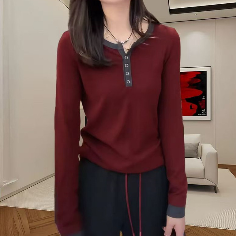 秋冬季新款气质长袖t恤女撞色半开领设计小衫时尚宽松显瘦上衣服