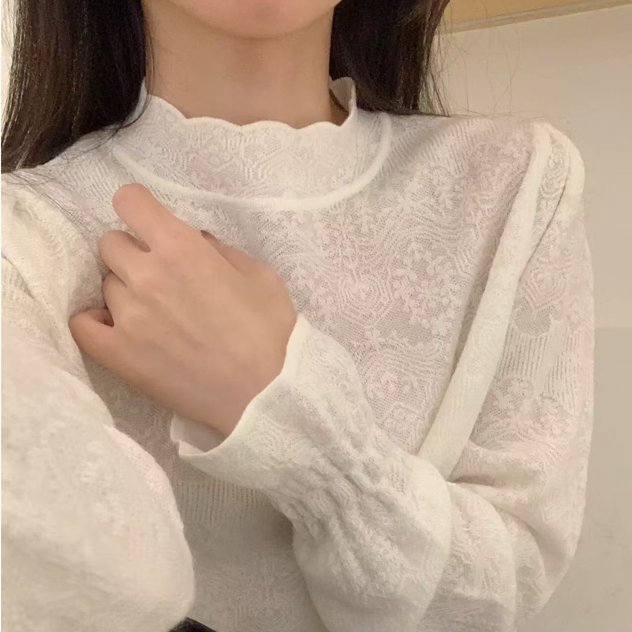 法式浪漫花边领内搭蕾丝泡泡灯笼袖打底衫提花宽松镂空上衣FC-316