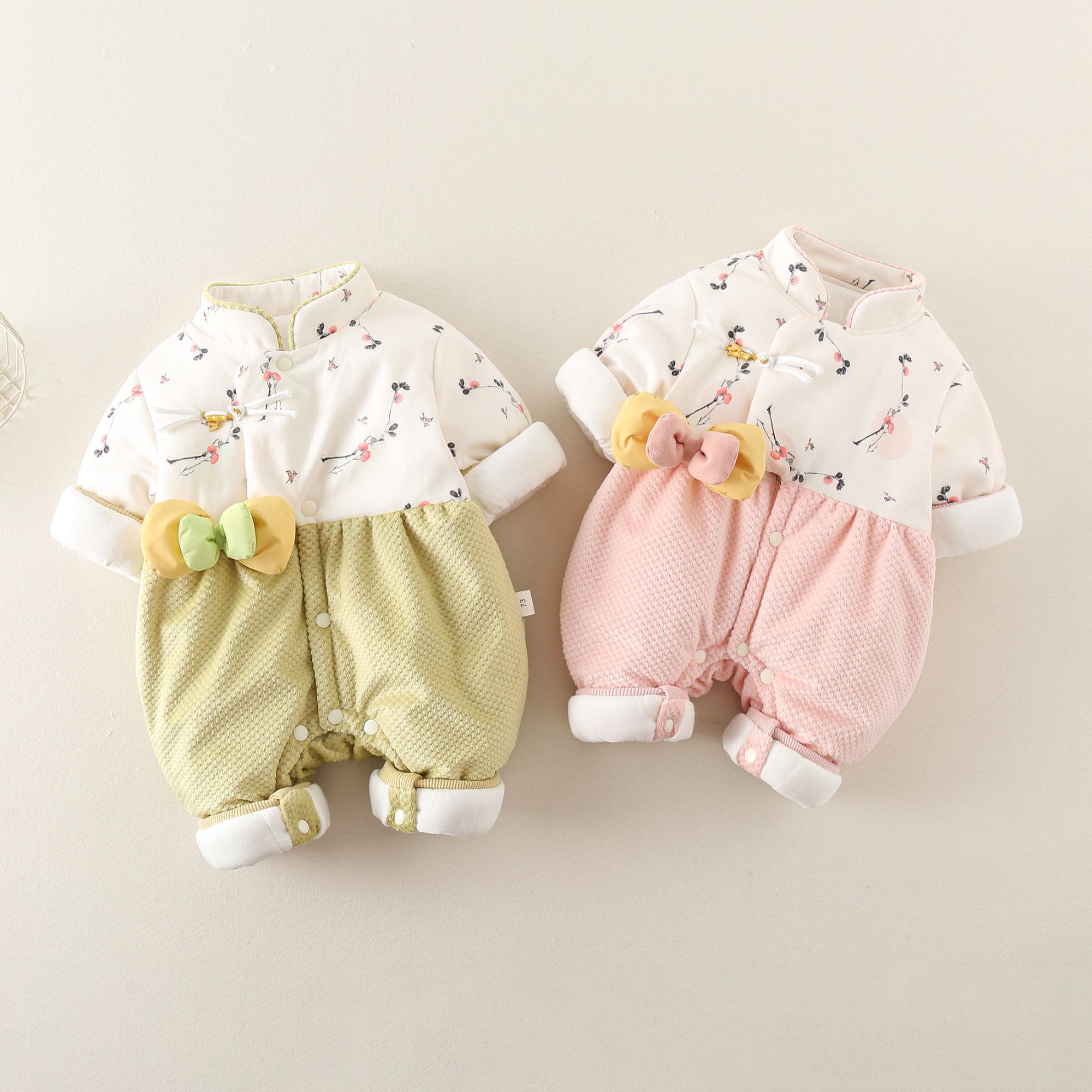 婴幼儿秋冬国风拼色薄棉保暖连体衣男宝女宝婴儿宝宝保暖爬服