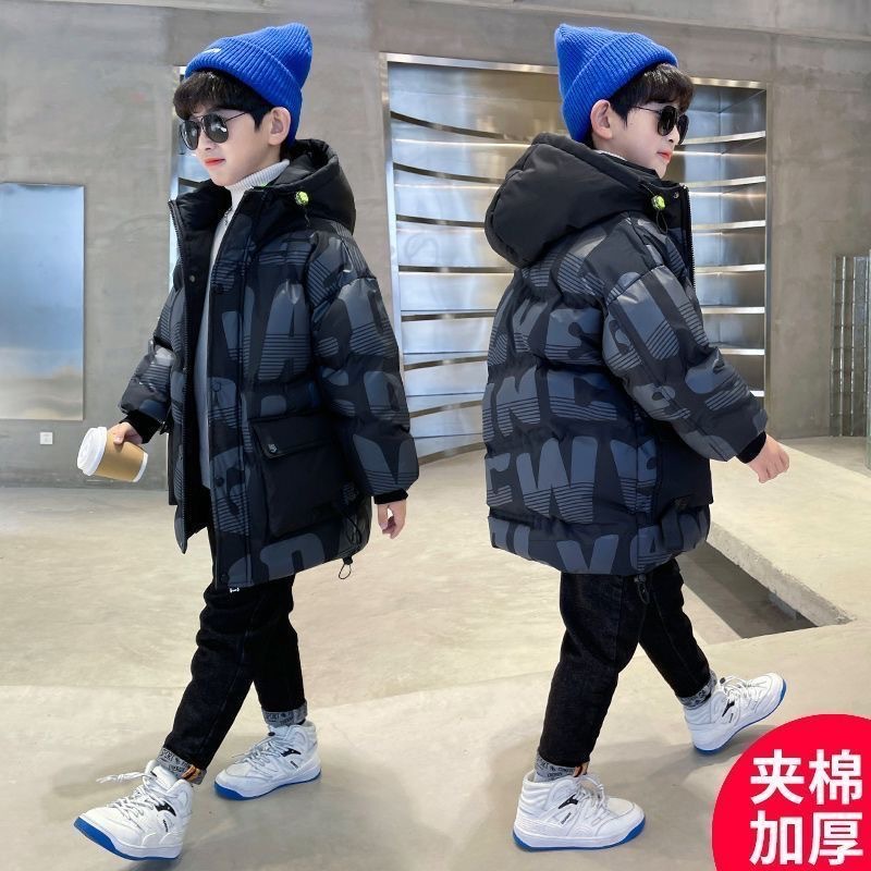 巴拉巴拉恩男童洋气字母棉衣中长款中大童休闲帅气冬装棉袄加厚保