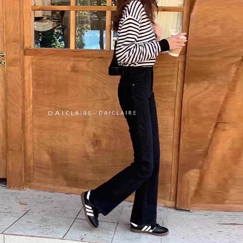 daiclaire代嘉儿牛仔裤女秋冬加绒显瘦弹力黑色喇叭长裤91235