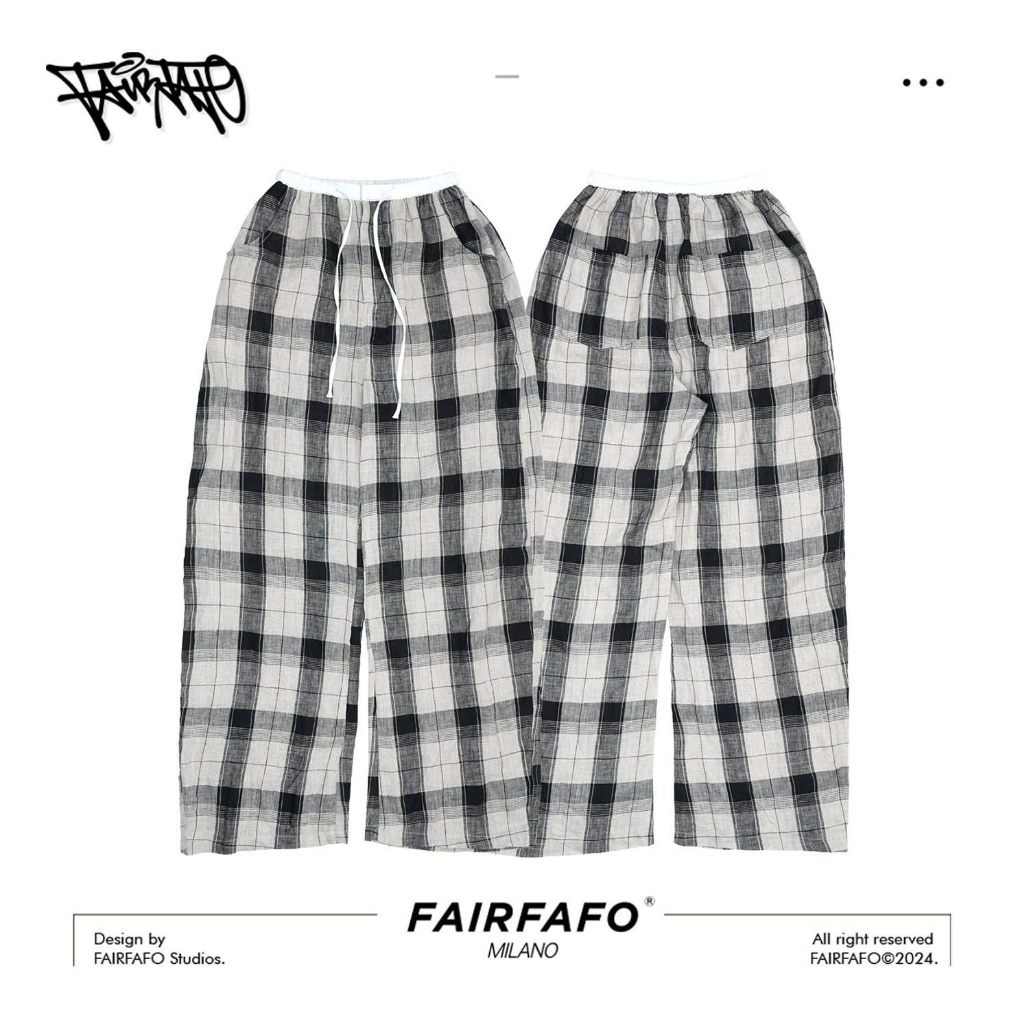 FAIRFAFO林肉肉【松弛格子】LG24KZ432黑白格子直筒休闲宽松格纹裤