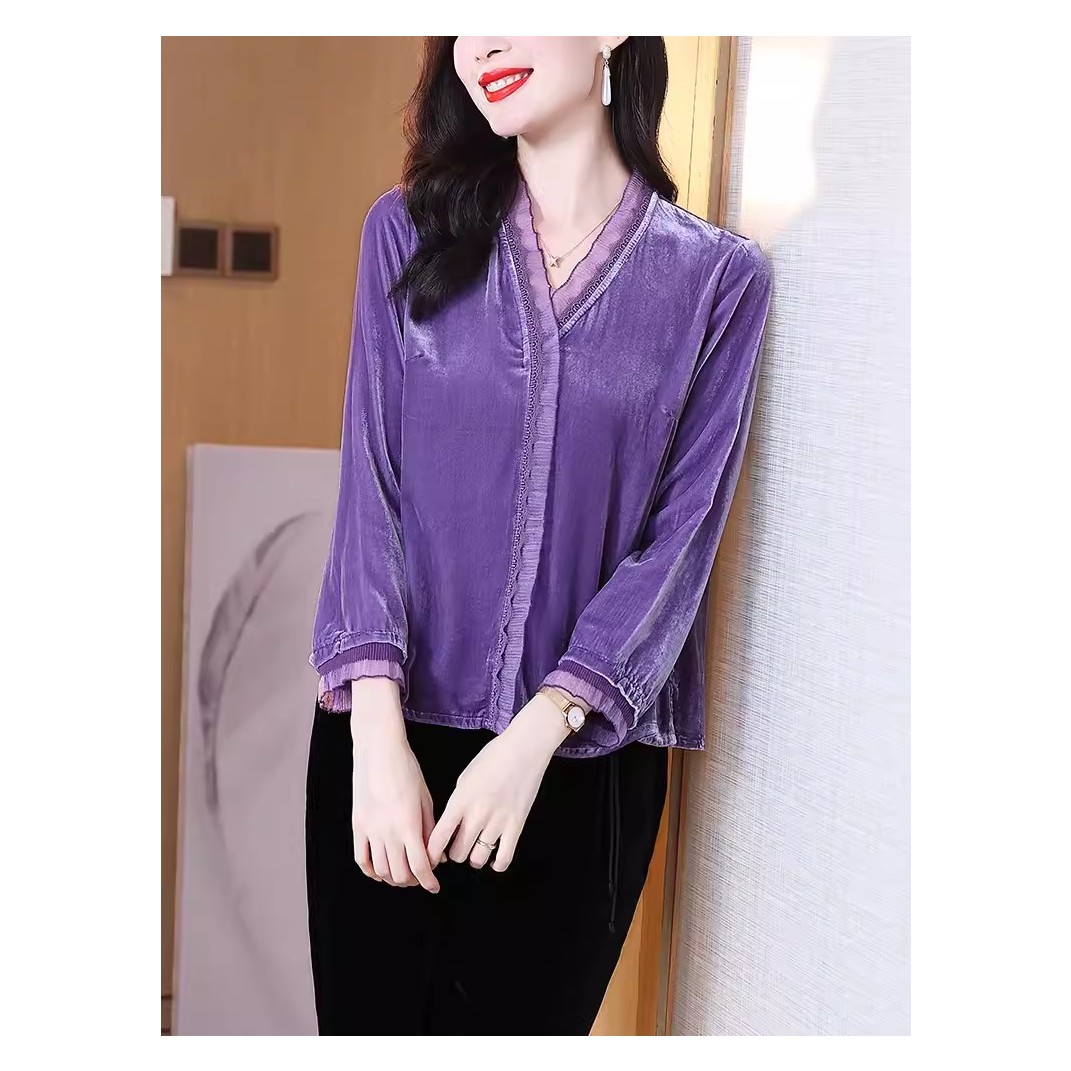 【微瑕13660】樱美嘉真丝丝绒衬衫花边v领长袖复古优雅紫桑蚕丝上衣