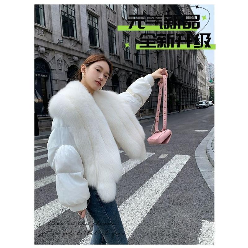 2023冬新款进口狐狸毛皮草外套女短款90白鹅绒轻薄羽绒羽绒服名媛