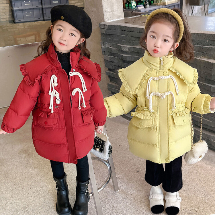 女童羽绒服中长款2023新款冬季红色女宝宝加厚拜年服双扣儿童外套