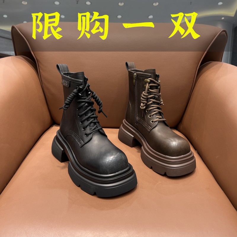 红蜻蜓牌复古马丁靴女2023新款春秋英伦风做旧擦色系带松糕厚底