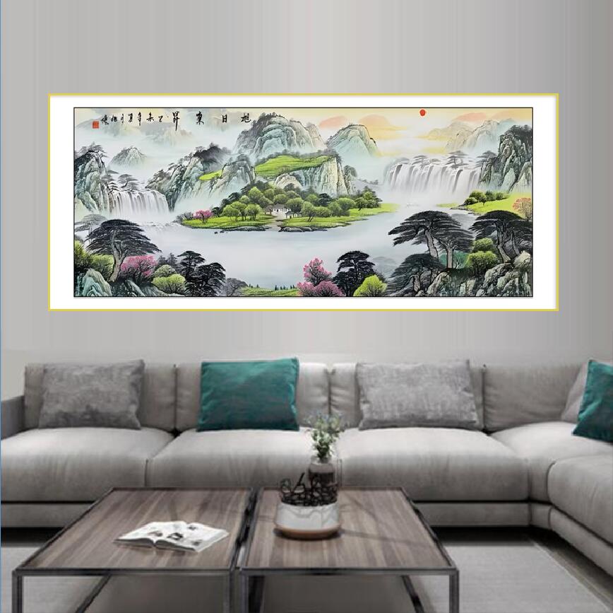 旭日东升聚宝盆客厅沙发横幅高端大气晶瓷晶钻玄关装饰晶瓷画