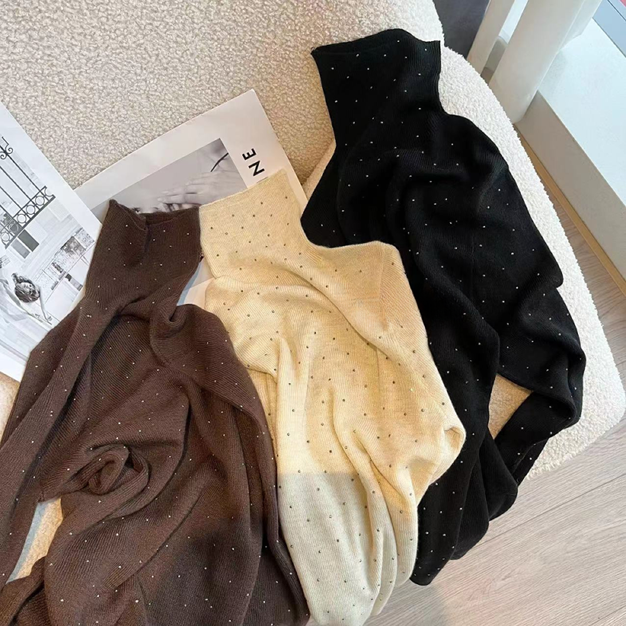 2026秋冬韩系新款时尚半高领烫钻针织长袖内搭百搭显瘦上衣H5-32