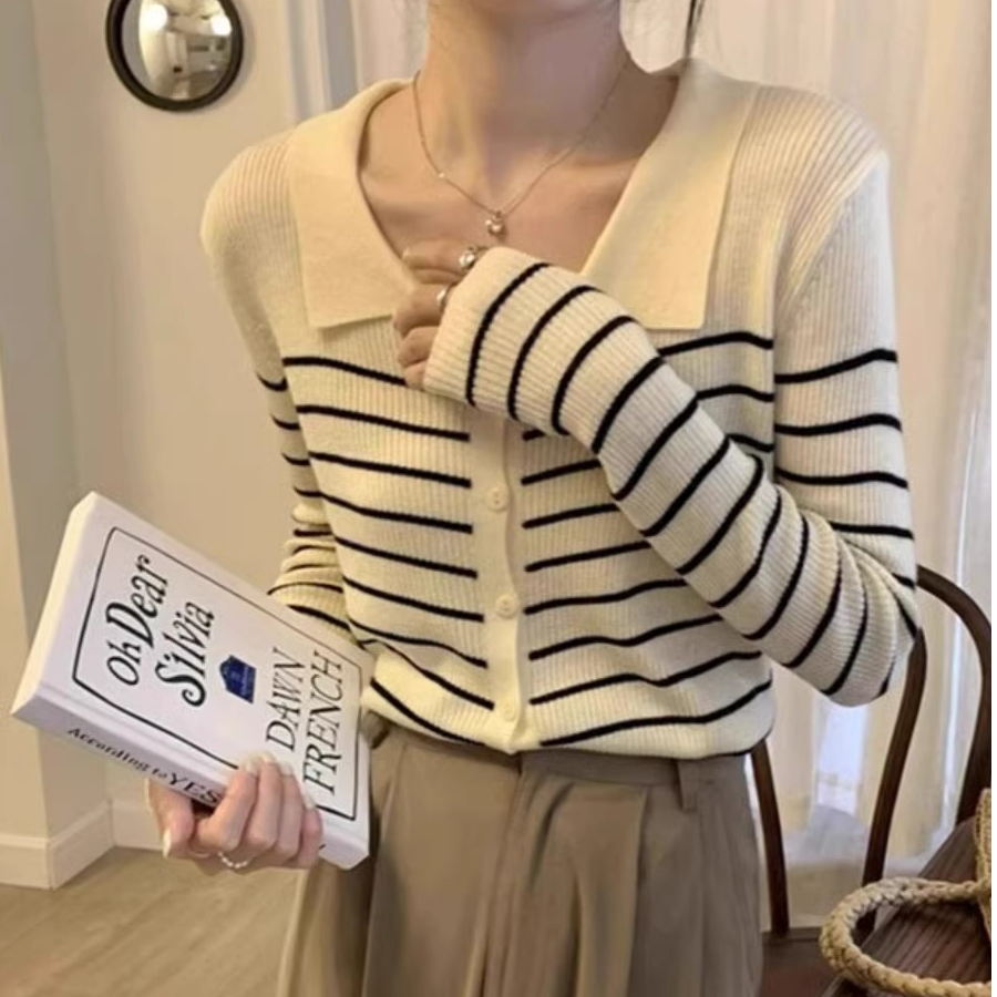 条纹针织开衫女时尚设计感小众修身内搭打底衫毛衣外穿上衣A8-44