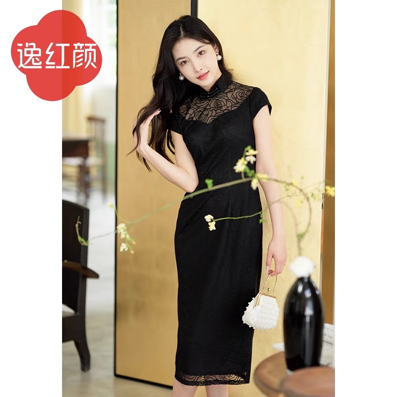 逸红颜碧华2025夏季黑色改良旗袍连衣裙女镂空玫瑰花蕾丝旗袍透气