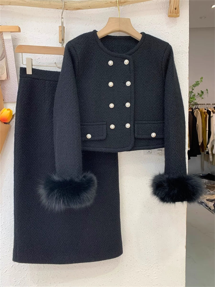 2023冬季新款加厚小香风套装外套+中长款半身裙两件套女气质淑女