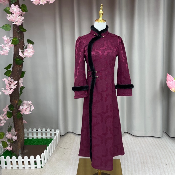 2436冬季长款气质时尚加绒加厚优雅秋冬提花冬款喜宴喜婚宴旗袍裙