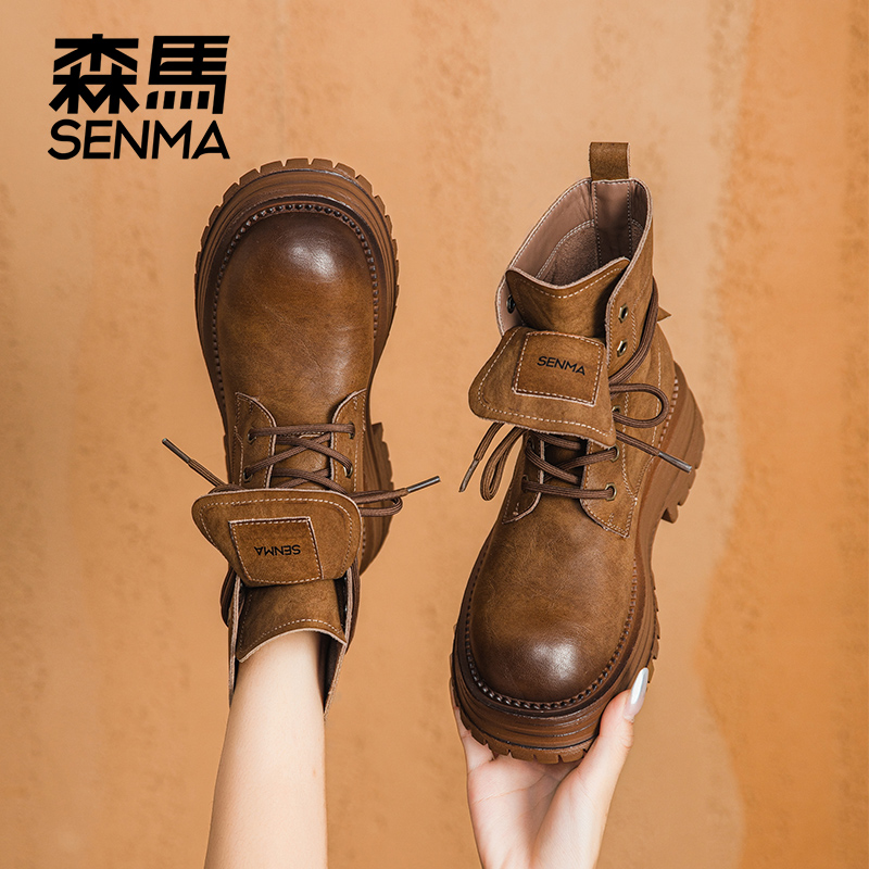 森马秋冬加绒马丁靴女网红增高厚底时尚潮流英伦风百搭靴子马丁靴