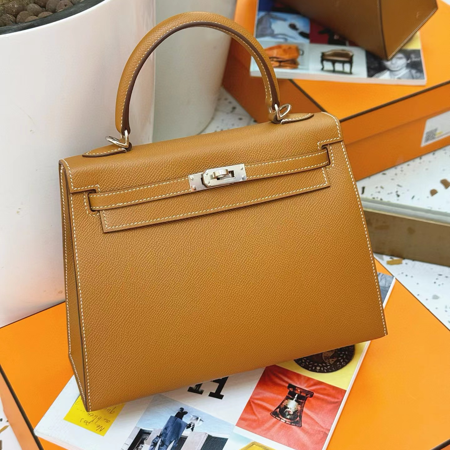 99新 Hermes/爱马仕 kelly25 金棕 银扣