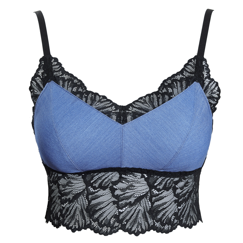 牛仔拼蕾丝吊带抹胸