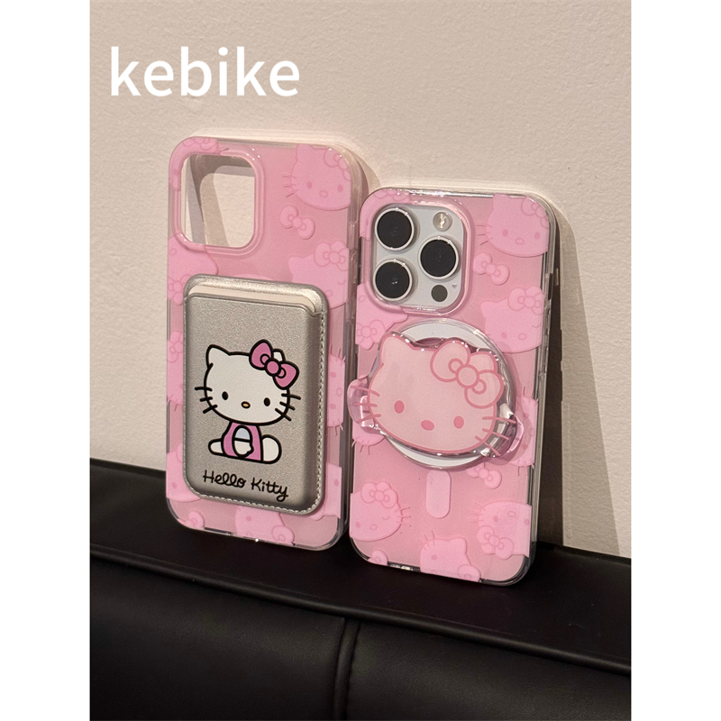 ins可爱少女粉满屏KT猫磁吸卡包苹果15promax/14/13/12防摔手机壳