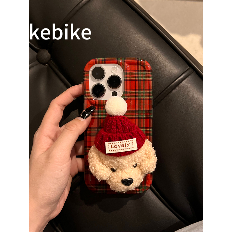 ins简约拼色格纹针织帽毛绒小狗支架苹果15promax/14/13/12手机壳