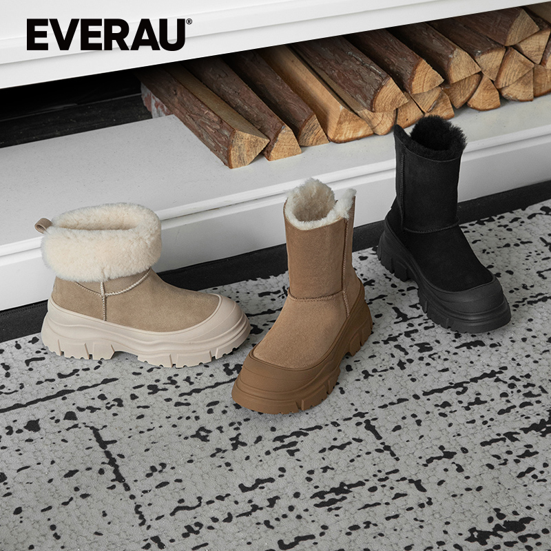 EVERAU羊毛雪地靴女2025冬季新款中筒户外厚底马丁靴女靴EA3175