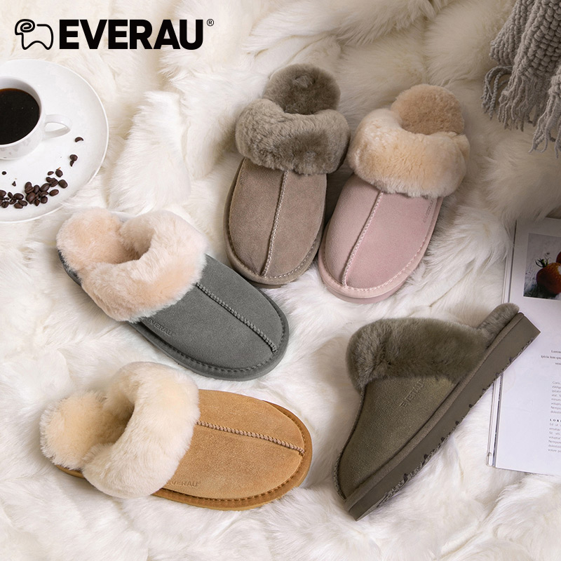 EVERAU翻毛绒面拖鞋经典中缝款式与翻领设计穿着温暖舒适EA2024