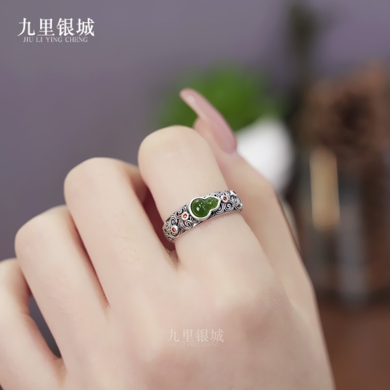 925银戒指 纯银葫芦福禄戒指手工镶嵌复古宫廷指环绿色小众礼物
