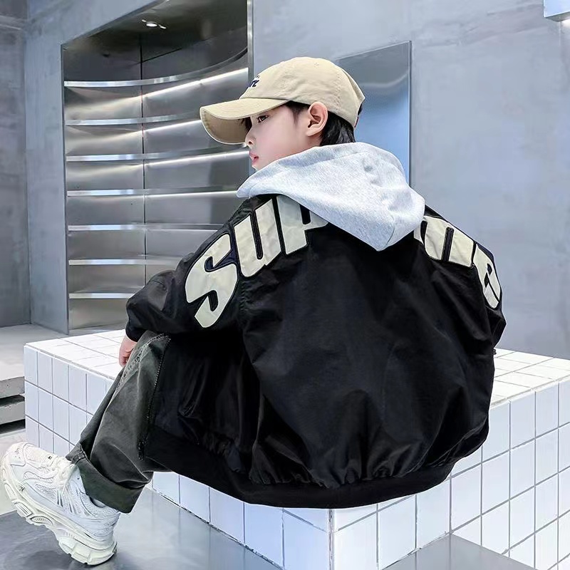 男童秋冬棒球服夹棉外套新款连帽假两件上衣儿童男孩痞帅夹克棉服