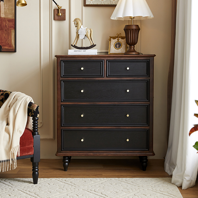 法式复古实木五斗柜美式小户型卧室床尾储物柜中古收纳柜