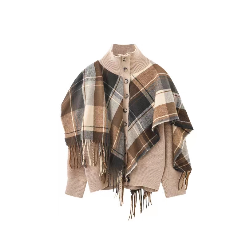 X2307 【新款】超细格纹流苏披肩假两件高领燕麦色毛衣格子保暖秋冬