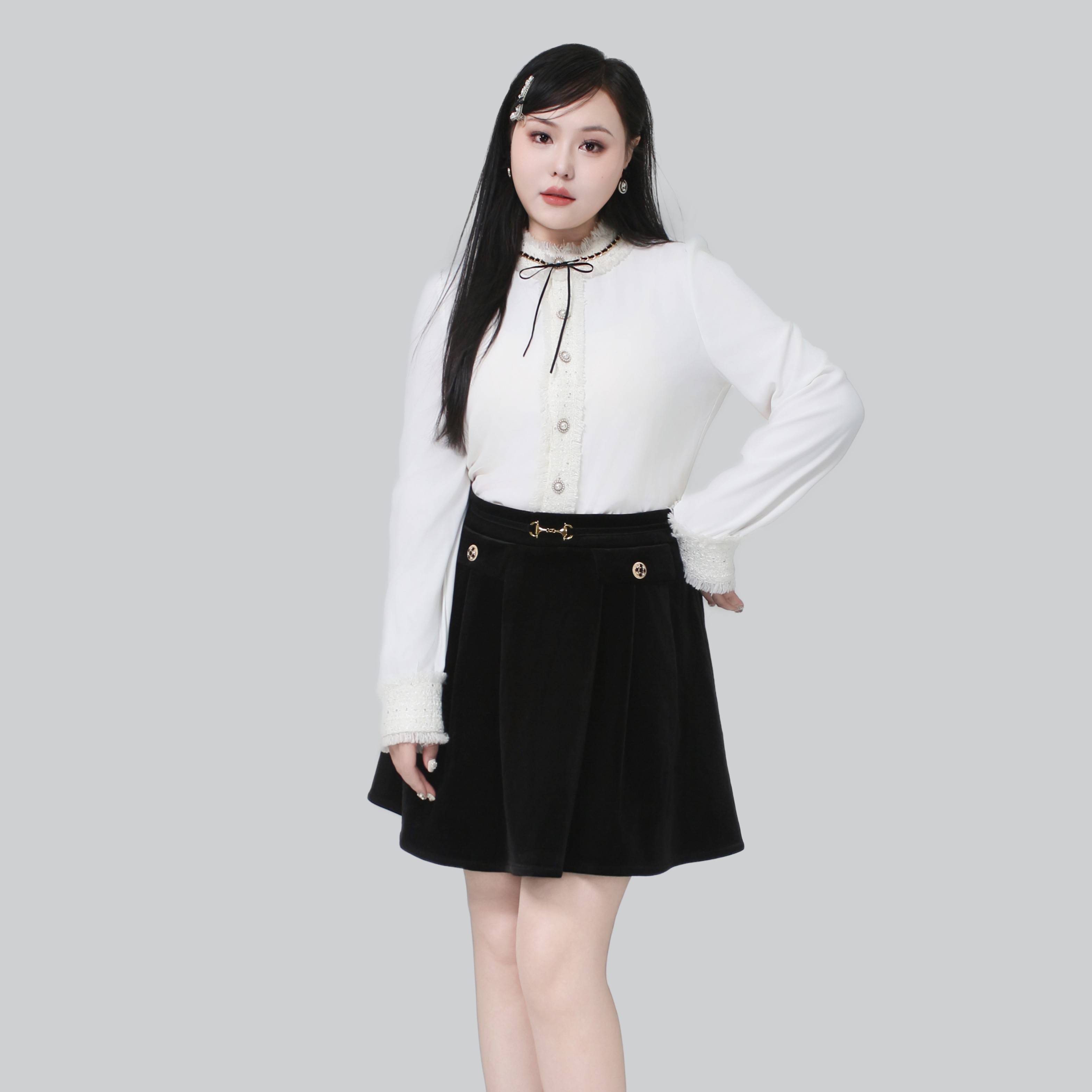 Uni微胖mm衬衫秋冬新款半高领系带设计长袖浪漫简约气质#U231109