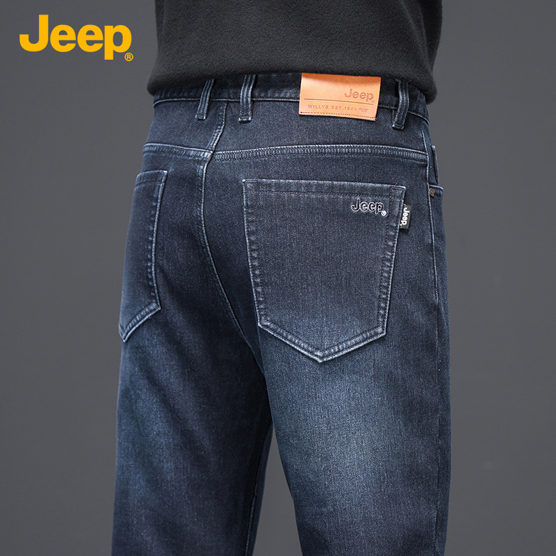 JEEP/吉普男士2024冬新款轻商务宽松直筒加绒牛仔裤舒适长裤