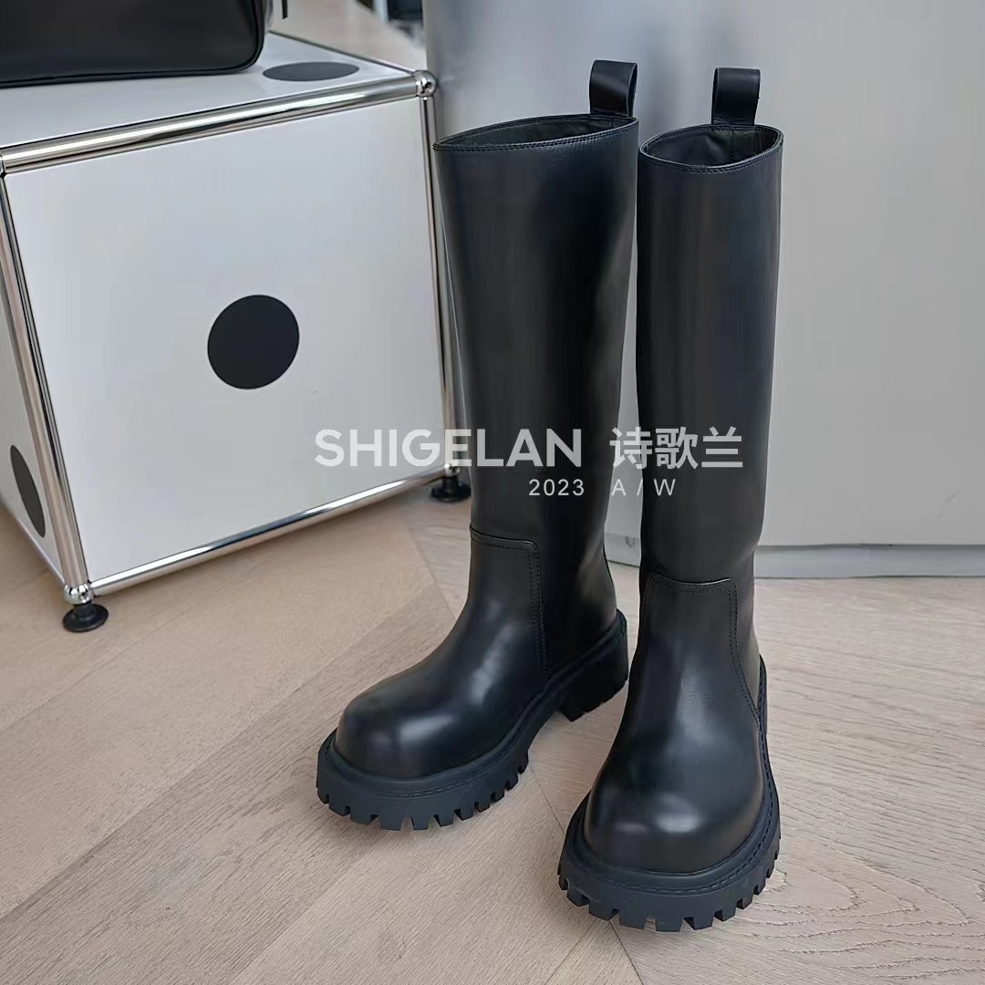 诗歌兰骑士靴女2023秋冬新款百搭真皮厚底显瘦英伦风不过膝高筒靴