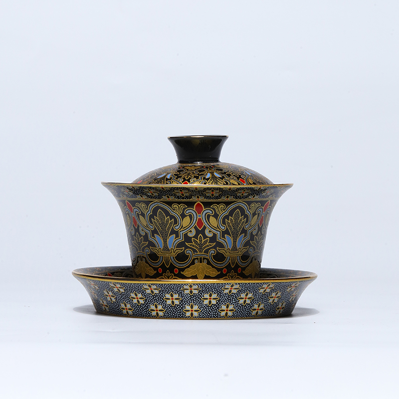 珐琅彩黑地金银错貔貅三才盖碗 中式茶具茶器-DC-237